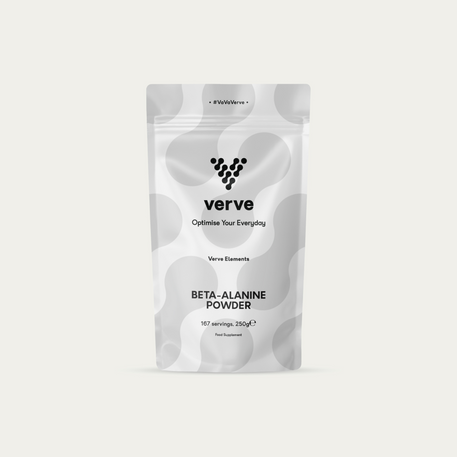 A silver and white pouch labelled “Verve Beta-Alanine Powder – 167 servings, 250g” with black text and a circular pattern design.
