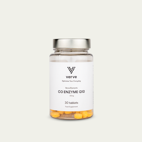 A clear glass jar of Verve Co Enzyme Q10 30mg tablets with a white label and silver lid, containing 30 yellow tablets.