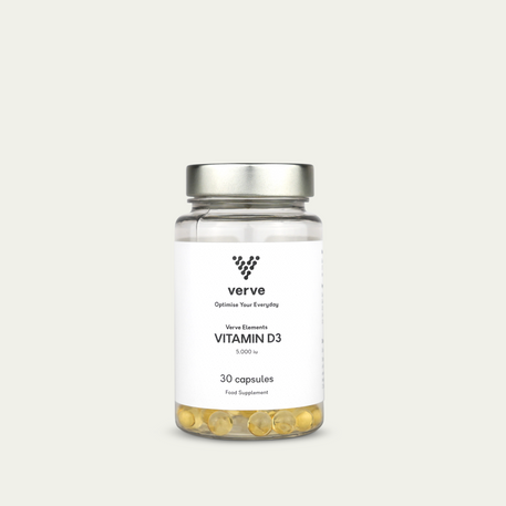 A clear bottle of Verve Vitamin D3 with a silver lid, white label, and yellow capsules, containing 30 food supplement capsules.