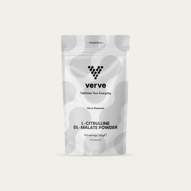 A silver and white pouch labelled “Verve L-Citrulline DL-Malate Powder – 125 servings, 250g” with black text and circular patterns.