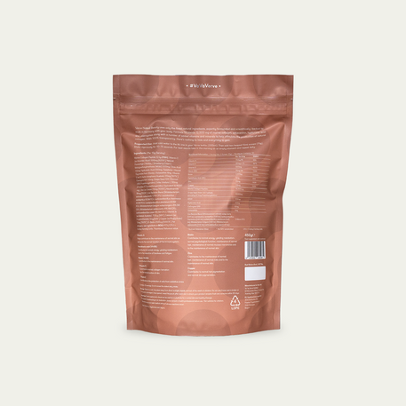 Back of a Verve Naked Beauty powder pouch showing ingredients, nutrition information, usage instructions, and recycling symbol.