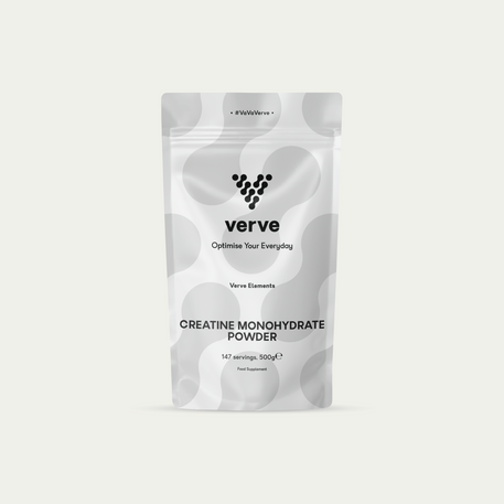 Silver Verve pouch of Creatine Monohydrate Powder, 500g, 147 servings, with black text and abstract circular design.