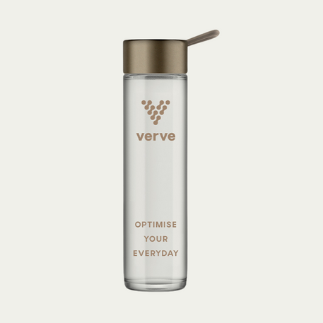 A clear Verve glass bottle with a bronze lid and straw, featuring the logo and the text "OPTIMISE YOUR EVERYDAY" printed vertically.