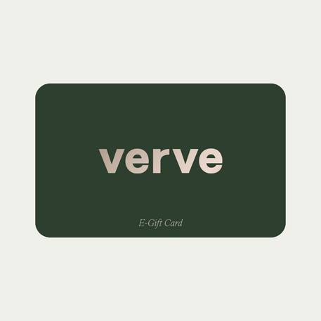 A dark green Verve e-gift card with the word "verve" in large beige text and "E-Gift Card" written below in smaller script.