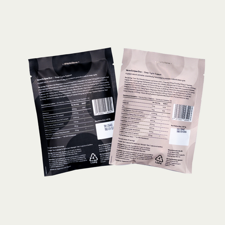 Back view of Verve Eclipse Duo Twilight and Midnight supplement pouches displaying nutritional information, ingredients list, and usage directions for the sleep support formula.