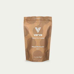 A pouch of Verve Honest Mushrooms Mix 21, a premium mushroom blend supplement featuring 30 servings, displayed on a clean cream background.