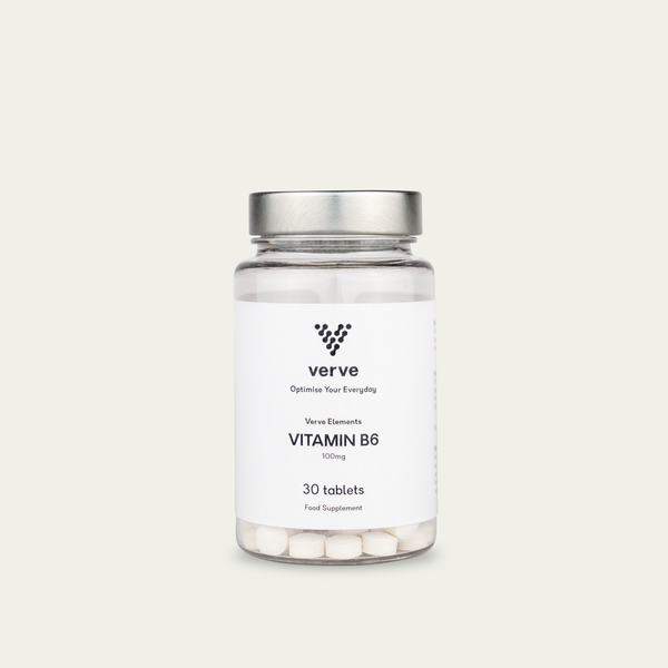 A clear bottle of Verve Vitamin B6 with a silver lid, white label, and white tablets, containing 30 food supplement tablets.