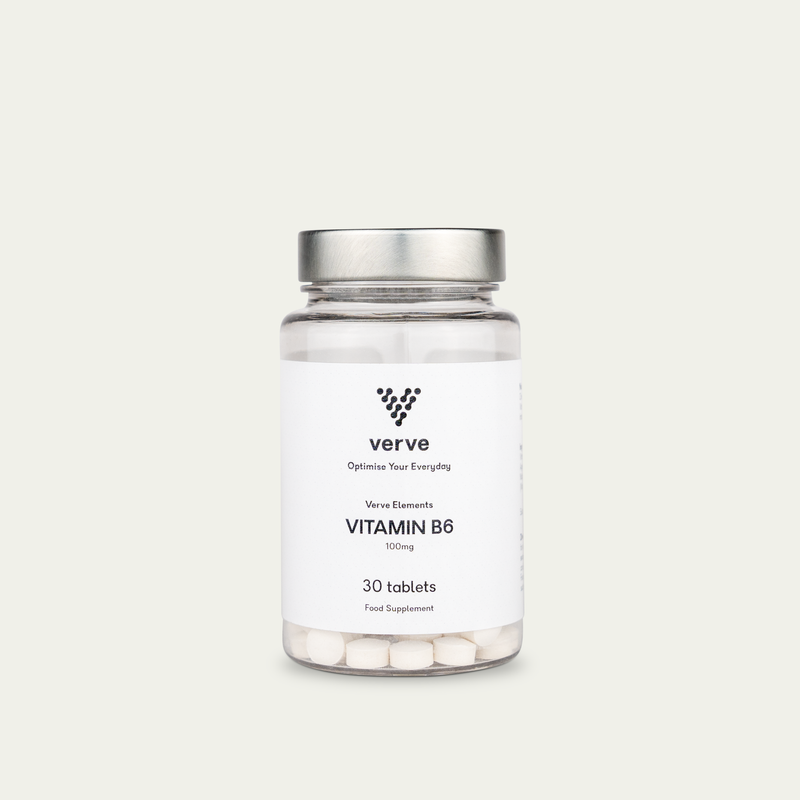 A clear bottle of Verve Vitamin B6 with a silver lid, white label, and white tablets, containing 30 food supplement tablets.