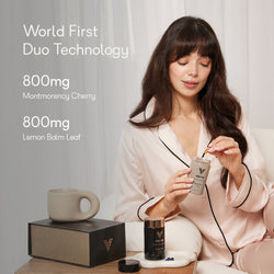 A woman in soft pink pyjamas using Verve Eclipse Duo, featuring dual Twilight and Midnight capsules. Text highlights 800mg Montmorency Cherry and 800mg Lemon Balm Leaf as key ingredients in the world-first duo technology sleep solution.