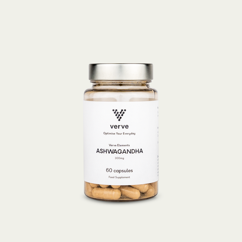 A clear glass jar of Verve Ashwagandha 300mg capsules with a white label and silver lid, containing 60 capsules.