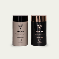 Two Verve Eclipse Duo supplement bottles, one grey labelled "Twilight" and one black labelled "Midnight", both with black lids.