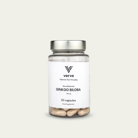 Clear glass bottle with silver lid containing beige capsules, labelled "Verve Elements Ginkgo Biloba, 180mg, 30 capsules".