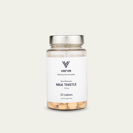 A clear glass bottle with a silver lid containing 30 Milk Thistle tablets by Verve, labelled as a food supplement.