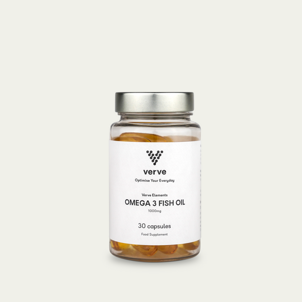 A clear glass jar of Verve Omega 3 Fish Oil 1000mg capsules with a white label and silver lid, containing 30 capsules.