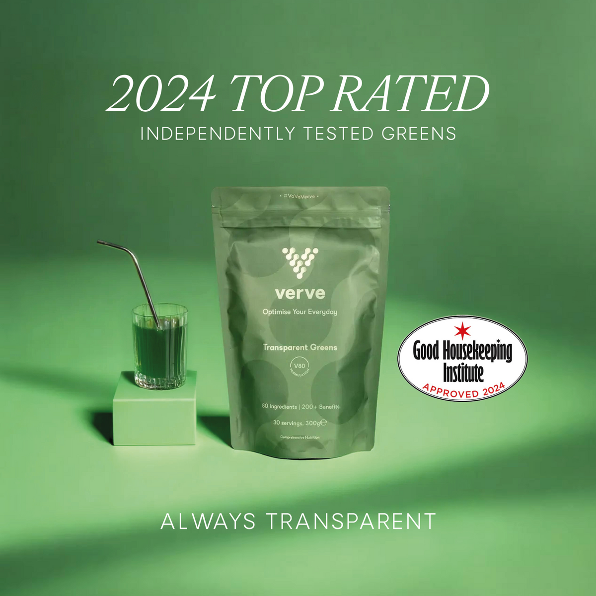 Verve Transparent Greens V80 pouch with Good Housekeeping badge - Verve comparison: Verve V80 vs AG1 (2026): The Two UK Labels Side by Side