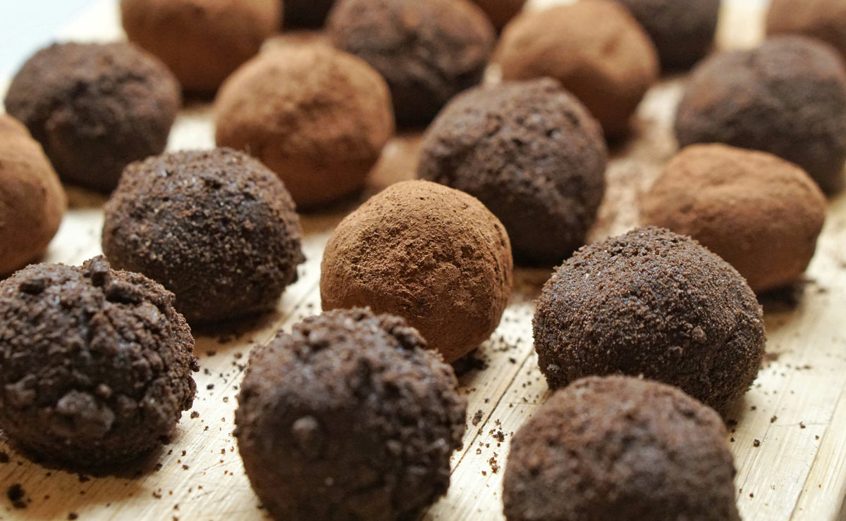 Chocolate brownie balls dusted with cacao