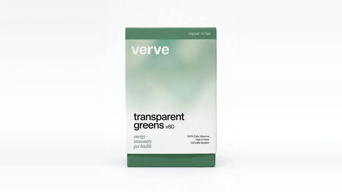 Verve Transparent Greens V80 stick pack box - Verve comparison: AG1 alternatives UK (2026): 8 greens powders compared on the label