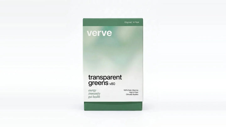 Verve Transparent Greens V80 stick pack box - Verve comparison: AG1 alternatives UK (2026): 8 greens powders compared on the label