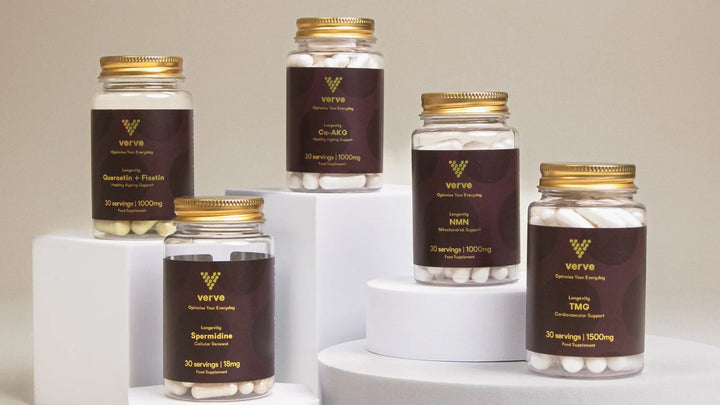 Verve Core Renewal Stack capsule jars - Verve comparison: How to build a longevity stack in the UK (2026): NMN, Ca-AKG and TMG by the label