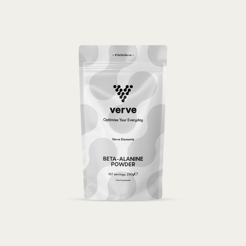 A silver and white pouch labelled “Verve Beta-Alanine Powder – 167 servings, 250g” with black text and a circular pattern design.