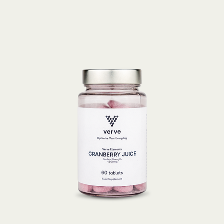Clear glass bottle with silver lid containing pink tablets, labelled "Verve Elements Cranberry Juice 4500mg, 60 tablets".