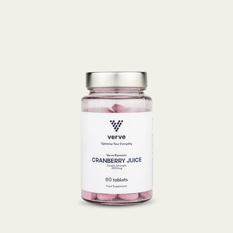 Clear glass bottle with silver lid containing pink tablets, labelled "Verve Elements Cranberry Juice 4500mg, 60 tablets".