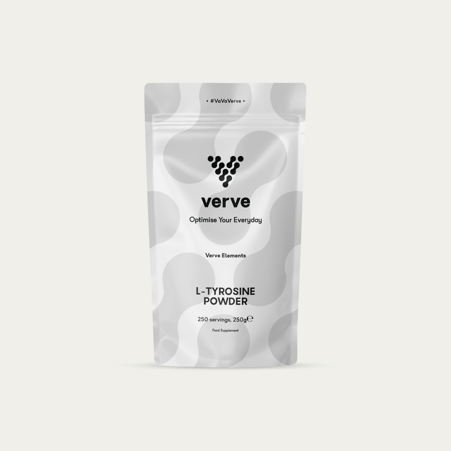 A white pouch labelled “Verve L-Tyrosine Powder – 250 servings, 250g” with black text and abstract grey patterns.