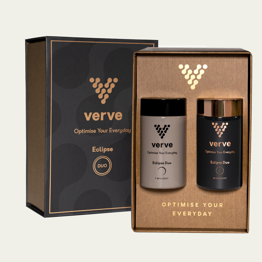 A Verve Eclipse Duo gift box with the lid open, showing two jars inside labelled Twilight and Midnight, alongside the closed outer box.