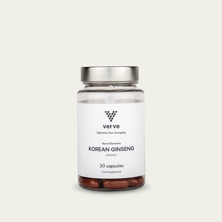 A clear glass bottle with a silver lid containing 30 Korean Ginseng capsules by Verve, labelled as a food supplement.