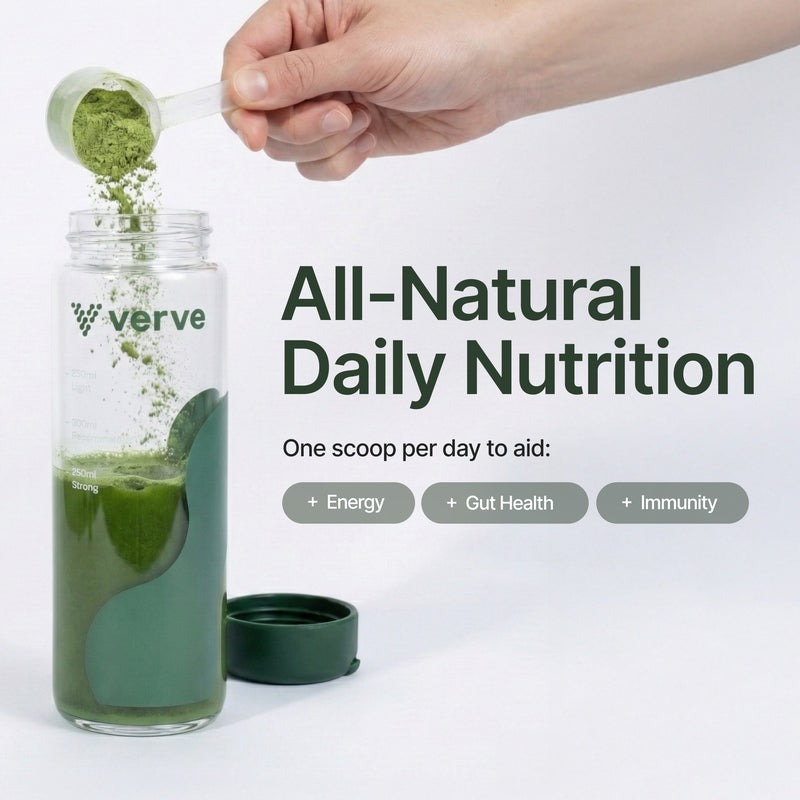 Hand pouring green powder into a Verve supplement bottle with text about all-natural daily nutrition.