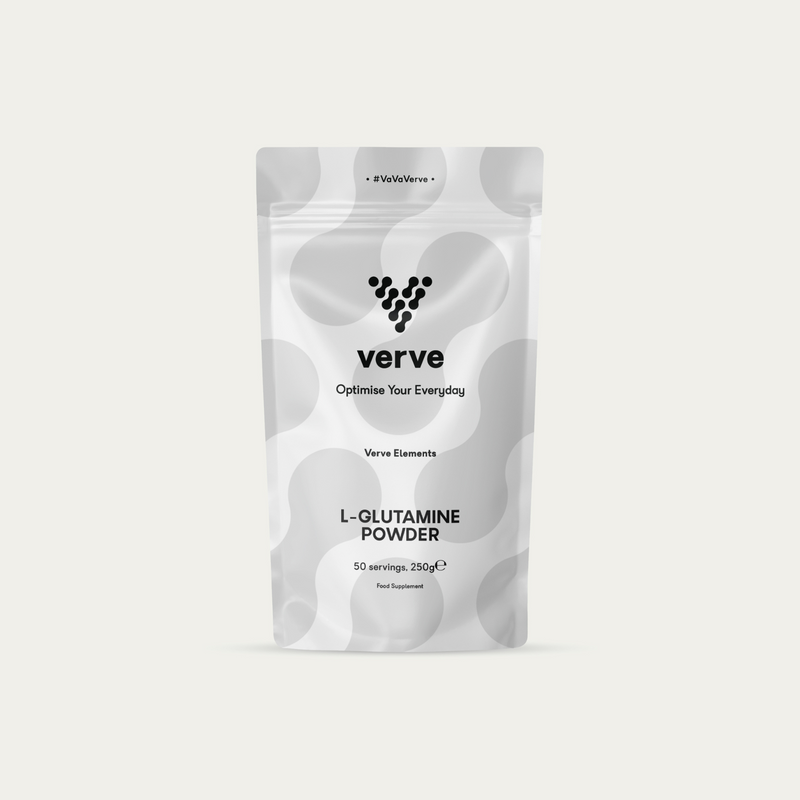 Silver Verve pouch of L-Glutamine Powder, 250g, 50 servings, with black text and abstract circular pattern on a white background.