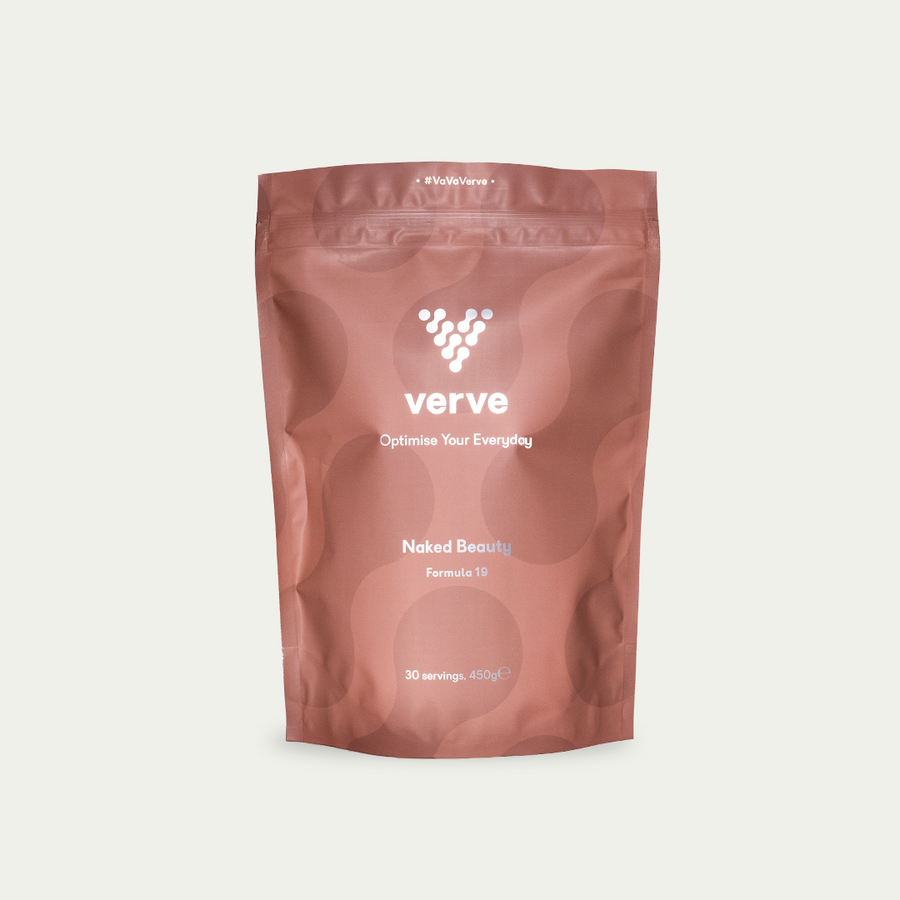 A brown pouch of Verve Naked Beauty Formula 19 powder, labelled for 30 servings and 450g.