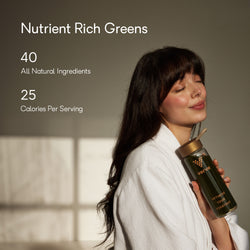A woman in a white robe holds a Verve bottle with green liquid, next to text reading “Nutrient Rich Greens,” “40 All Natural Ingredients,” and “25 Calories Per Serving.”