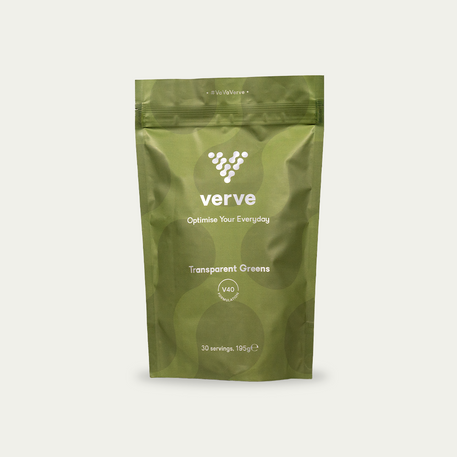 A green pouch of Verve Transparent Greens powder, labelled as formulation V40 with 30 servings and a net weight of 195g.