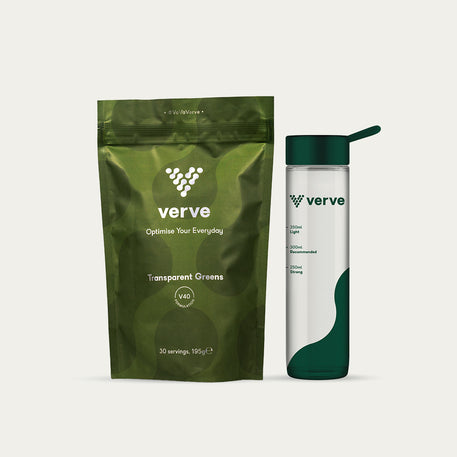 A green pouch of Verve Transparent Greens V40 powder (195g, 30 servings) next to a clear Verve bottle with a green lid and volume markings.