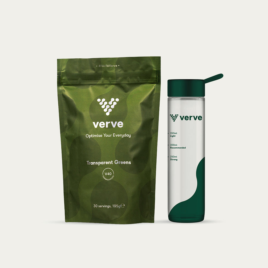 A green pouch of Verve Transparent Greens powder (195g, 30 servings) next to a clear Verve bottle with green lid and markings.