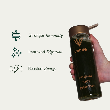A hand holds a Verve bottle filled with green liquid, alongside icons and text highlighting benefits: stronger immunity, improved digestion, and boosted energy.