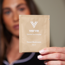 A woman holding a brown sachet labelled "verve" titled "Honest Mushrooms".