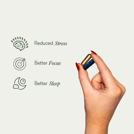 A hand holding Verve Eclipse Duo capsules next to icons and text highlighting benefits: Reduced Stress, Better Focus, and Better Sleep, showcasing the supplement’s holistic wellness support.
