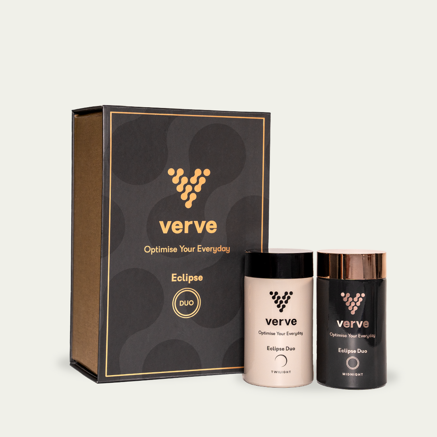 Verve Eclipse Duo packaging displayed with two supplement containers labelled Twilight and Midnight, designed to support restful sleep and reduce stress through dual-capsule technology.