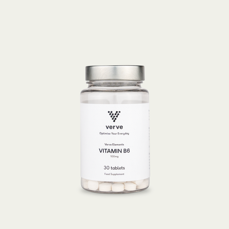 A clear bottle of Verve Vitamin B6 with a silver lid, white label, and white tablets, containing 30 food supplement tablets.