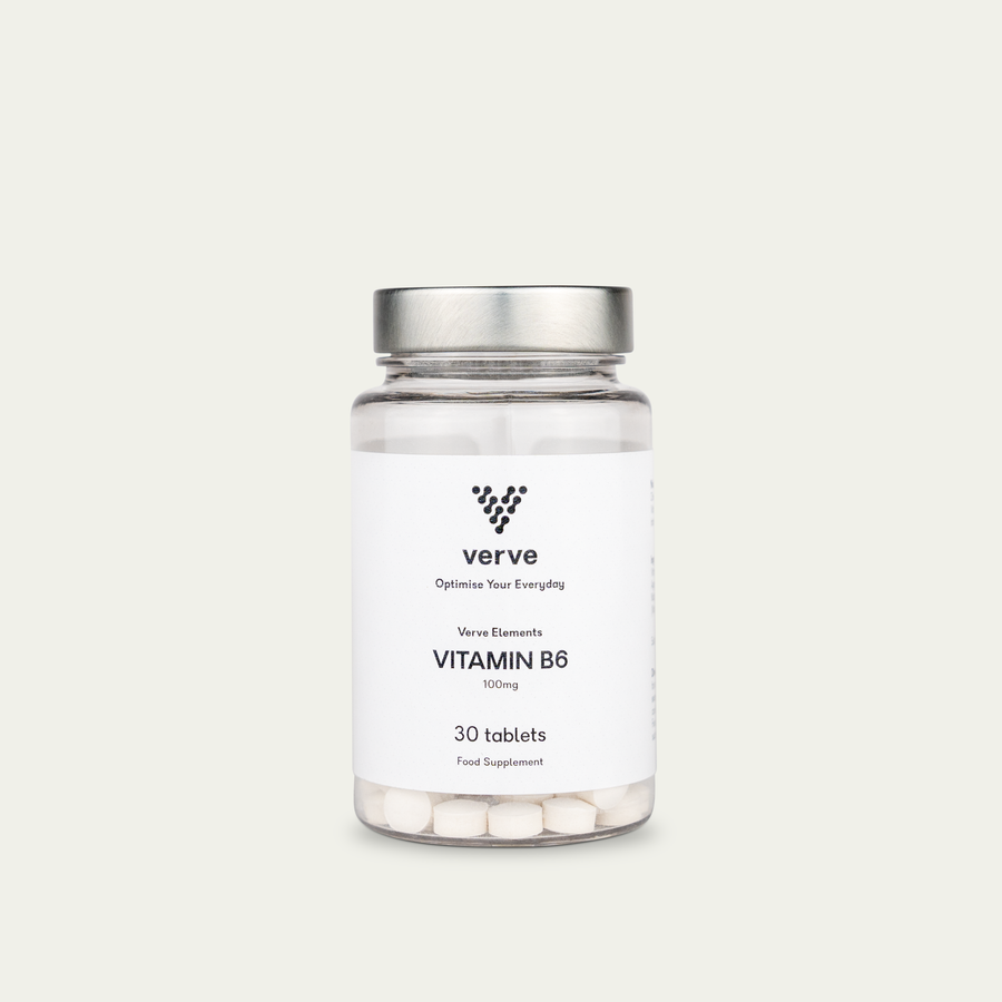A clear bottle of Verve Vitamin B6 with a silver lid, white label, and white tablets, containing 30 food supplement tablets.