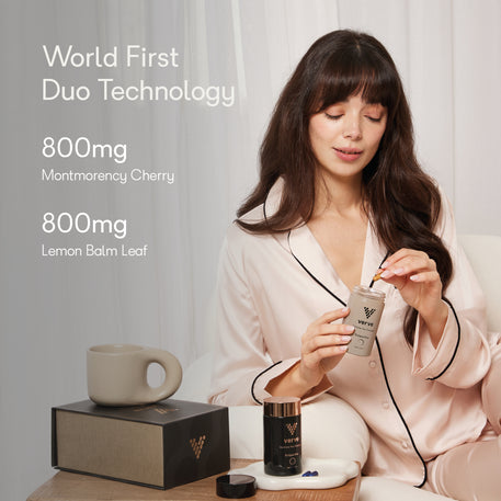 A woman in soft pink pyjamas using Verve Eclipse Duo, featuring dual Twilight and Midnight capsules. Text highlights 800mg Montmorency Cherry and 800mg Lemon Balm Leaf as key ingredients in the world-first duo technology sleep solution.