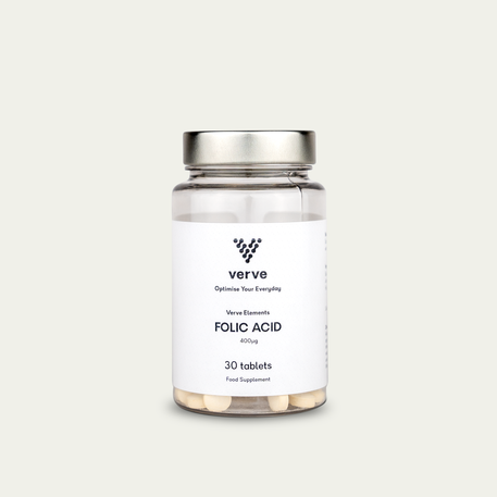 A clear glass jar of Verve Folic Acid 400µg tablets with a white label and silver lid, containing 30 white tablets.