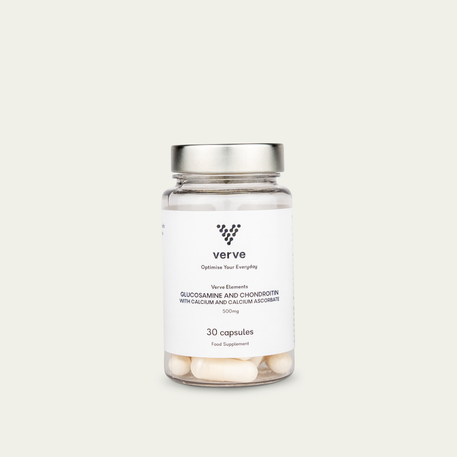 A clear glass jar of Verve Glucosamine and Chondroitin 500mg capsules with a white label and silver lid, containing 30 capsules.