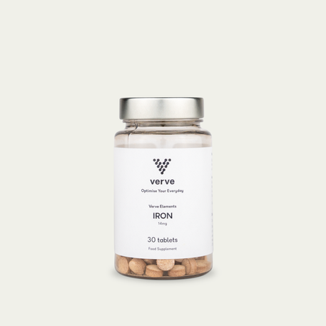 A clear glass jar of Verve Iron 14mg tablets with a white label and silver lid, containing 30 brown tablets.