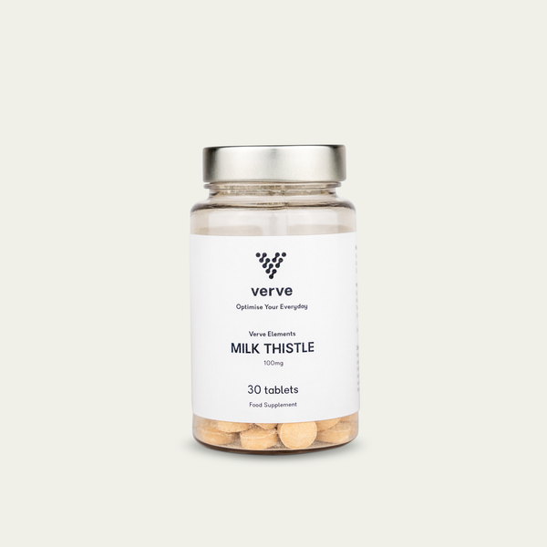 A clear glass bottle with a silver lid containing 30 Milk Thistle tablets by Verve, labelled as a food supplement.