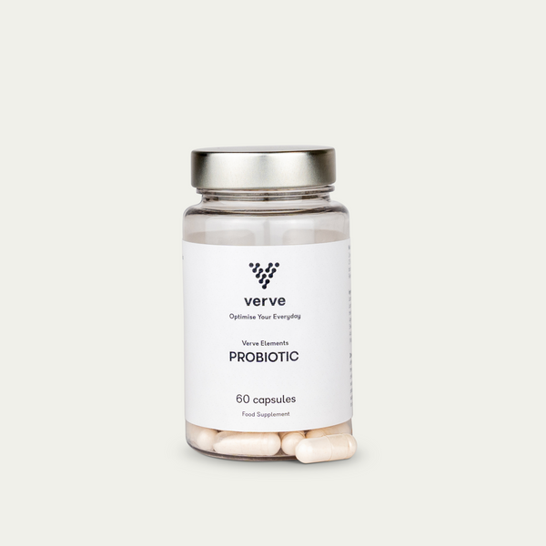 A clear glass bottle with a silver lid containing 60 white Probiotic capsules by Verve, branded with the tagline "Optimise Your Everyday" and labeled as a food supplement.