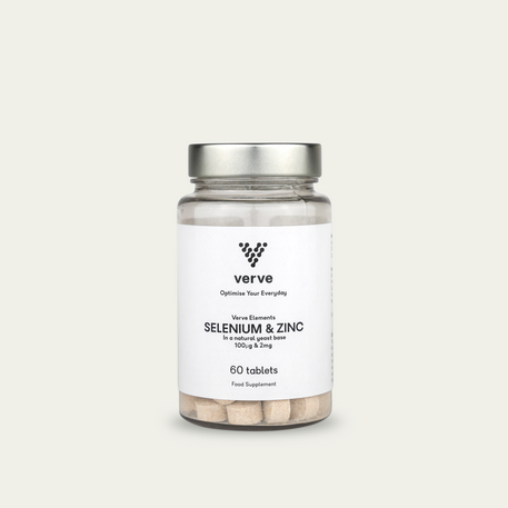 Clear glass bottle with silver lid containing beige tablets, labelled "Verve Elements Selenium & Zinc, 60 tablets".