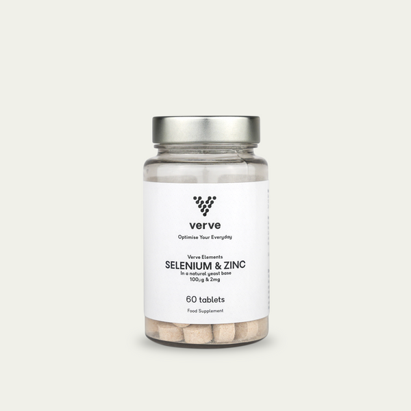 Clear glass bottle with silver lid containing beige tablets, labelled "Verve Elements Selenium & Zinc, 60 tablets".